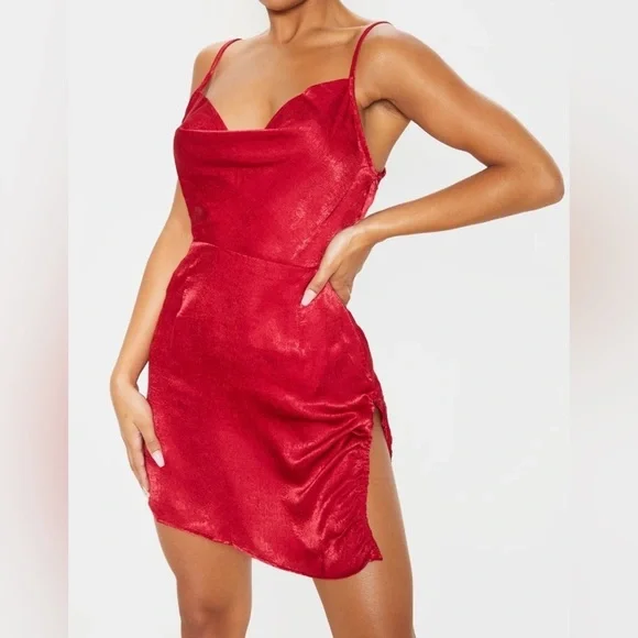 pretty little thing red ruched dress PrettyLittleThing Women's Plus Ruched Cut Out Dress in Red